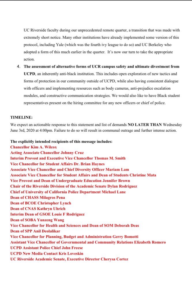. @UCRBSU is asking for the immediate cancellation or optional choice of exams, "due to the extreme circumstances" of COVID + anti-black police violence. Wants more support services for black students and divestment from UCPD.