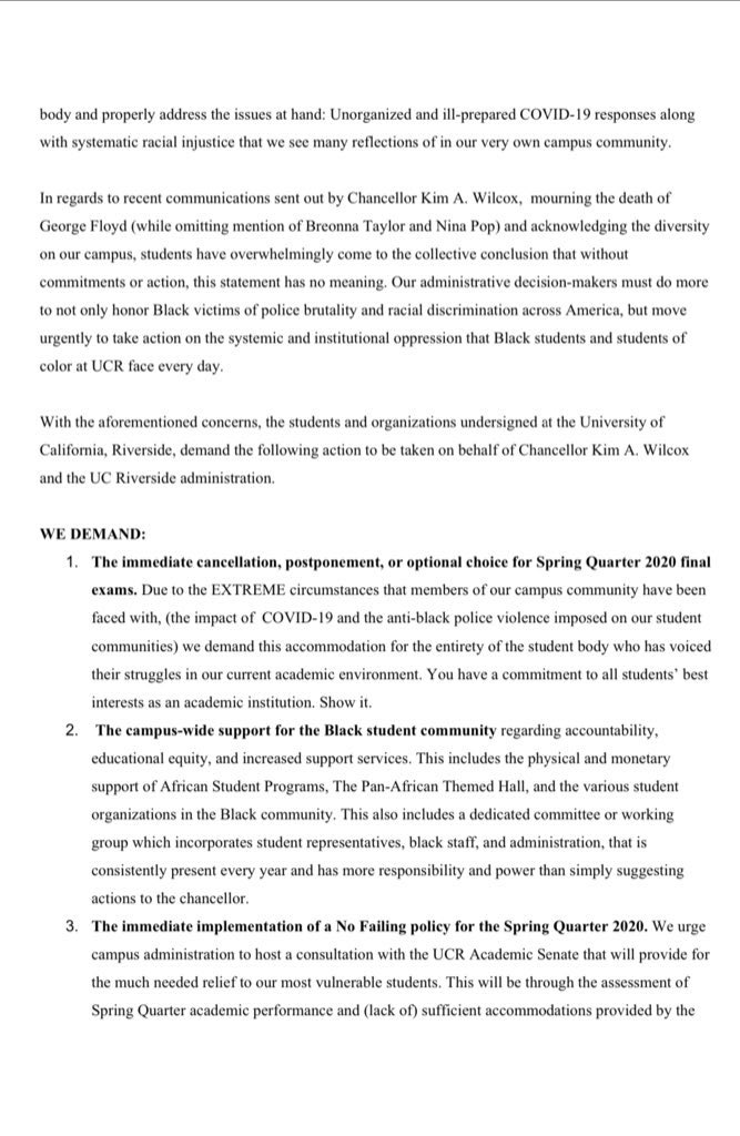 . @UCRBSU is asking for the immediate cancellation or optional choice of exams, "due to the extreme circumstances" of COVID + anti-black police violence. Wants more support services for black students and divestment from UCPD.