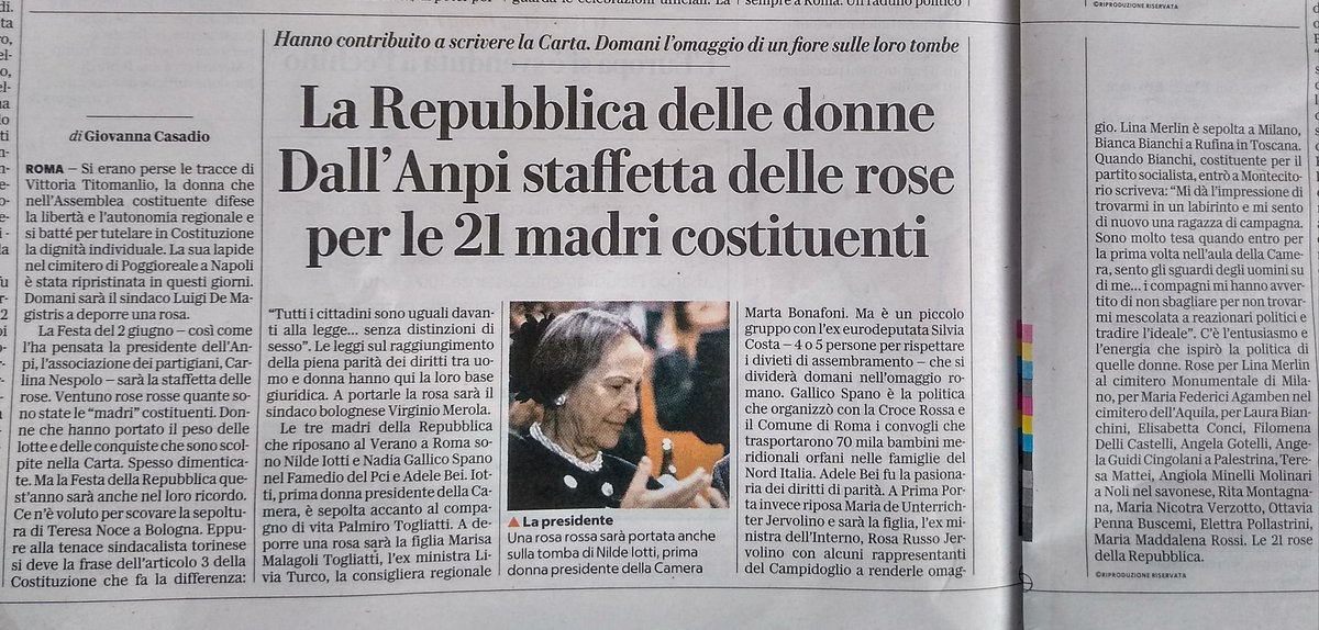 Su la Repubblica di oggi pag.2/3 un articolo sull'iniziativa nazionale ANPI per il 2 giugno: "Una rosa alle rose della Costituzione"