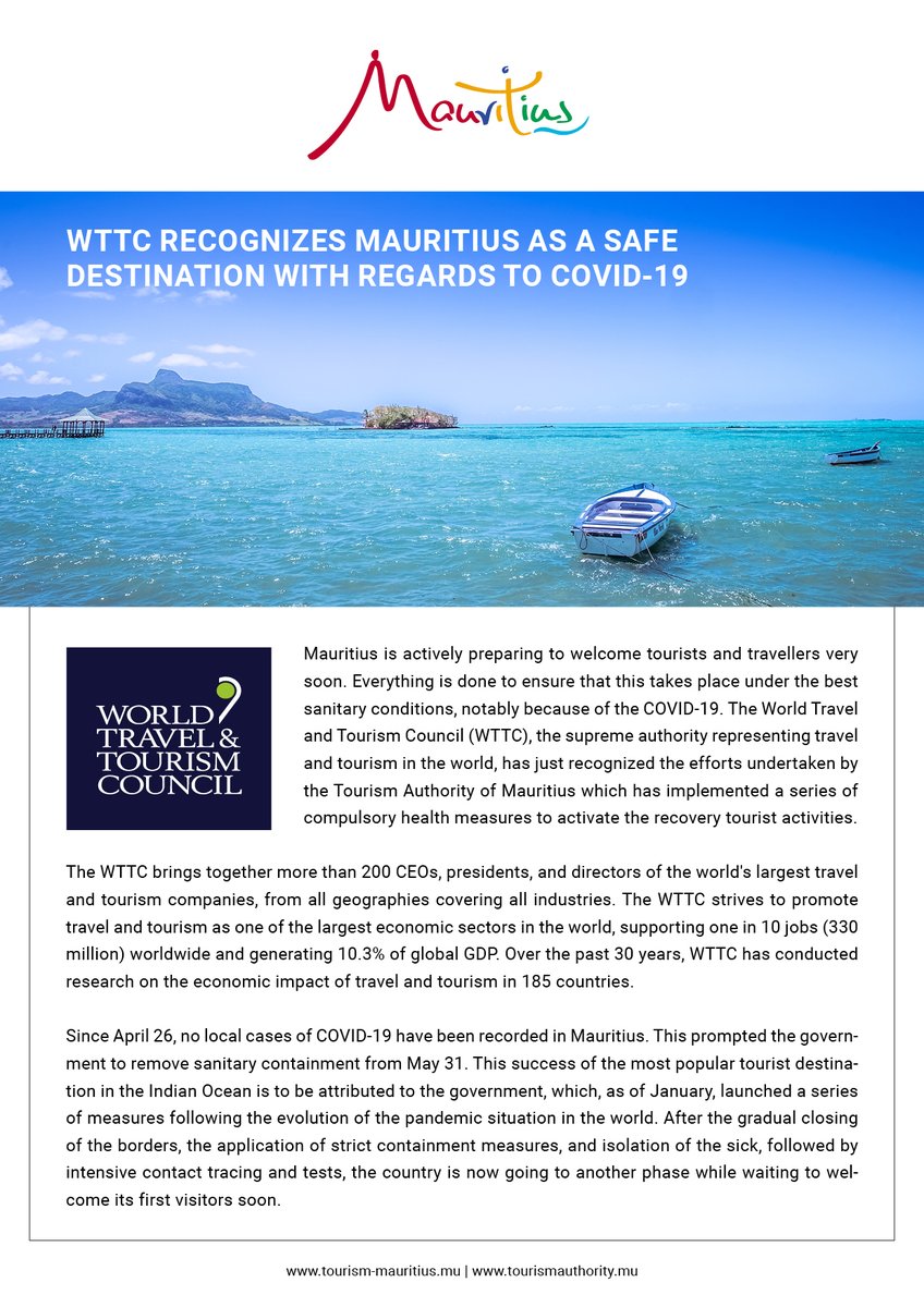 SeeMauritius's tweet photo. WTTC recognizes Mauritius as a safe destination with regards to Covid-19 https://t.co/oh7MXCJzZJ