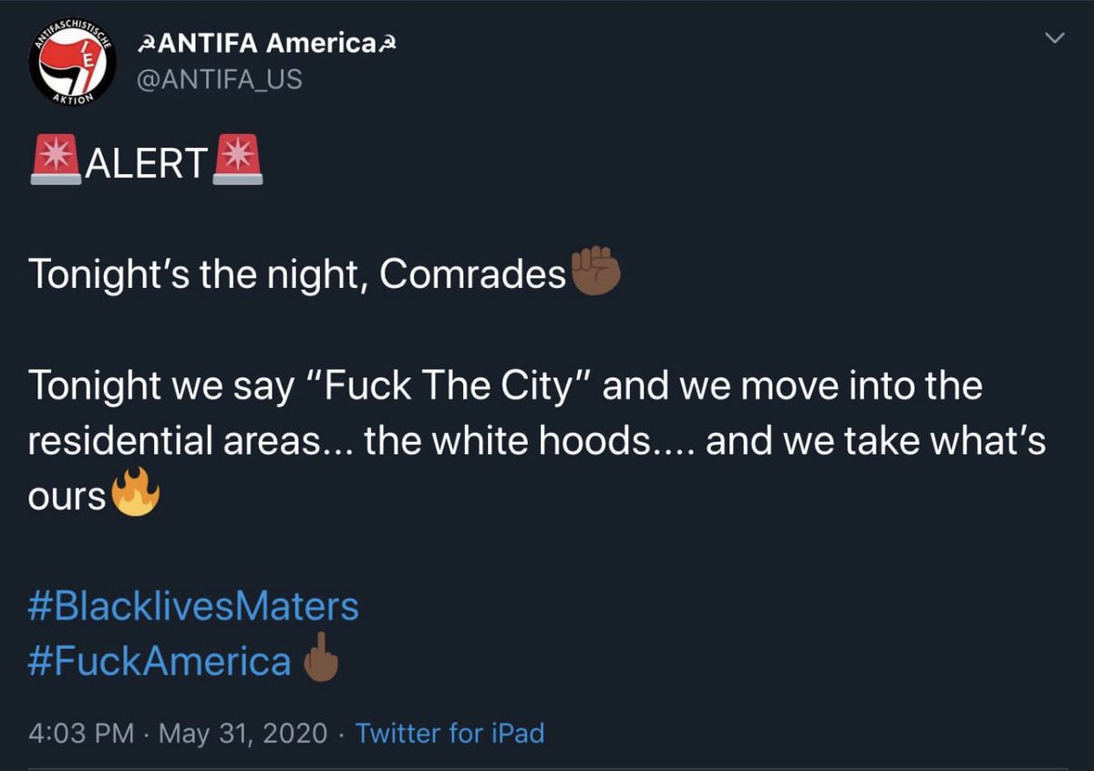 White supremacists are once again creating fake Antifa accounts to spread fear and misinformation. You will never see a national Antifa account, because Antifascism is not a national organization. 

This kind of misinformation was also used by the klan to scare suburban whites.