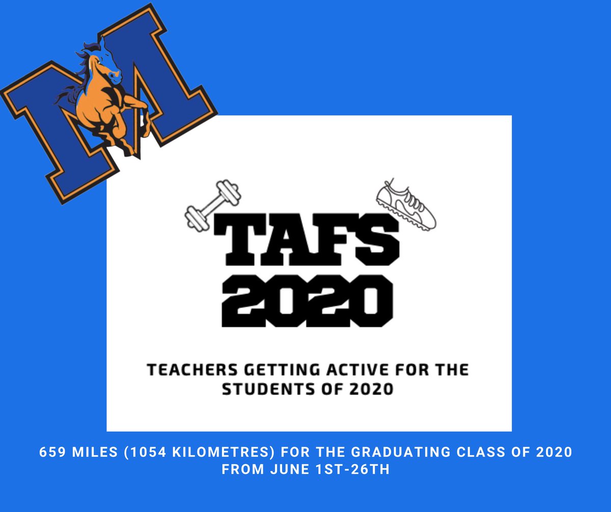 Joining in on #TAFS2020 we have the <a href="/VMMustangs/">Vincent Massey SS</a> completing 1054 kilometres for their graduating students from June 1st-June 26th #gecdsb #quaranteach #forthegrads