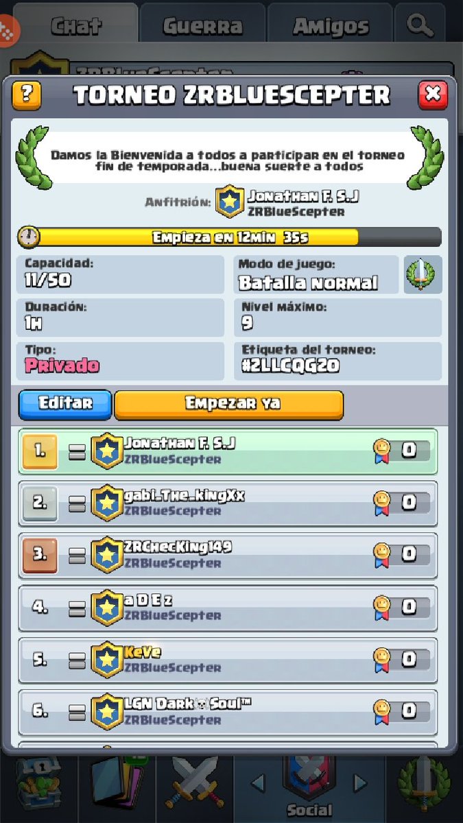 En contados minutos iniciamos el torneo fin de temporada...con premio al ganador un pass royale ...suerte a todos