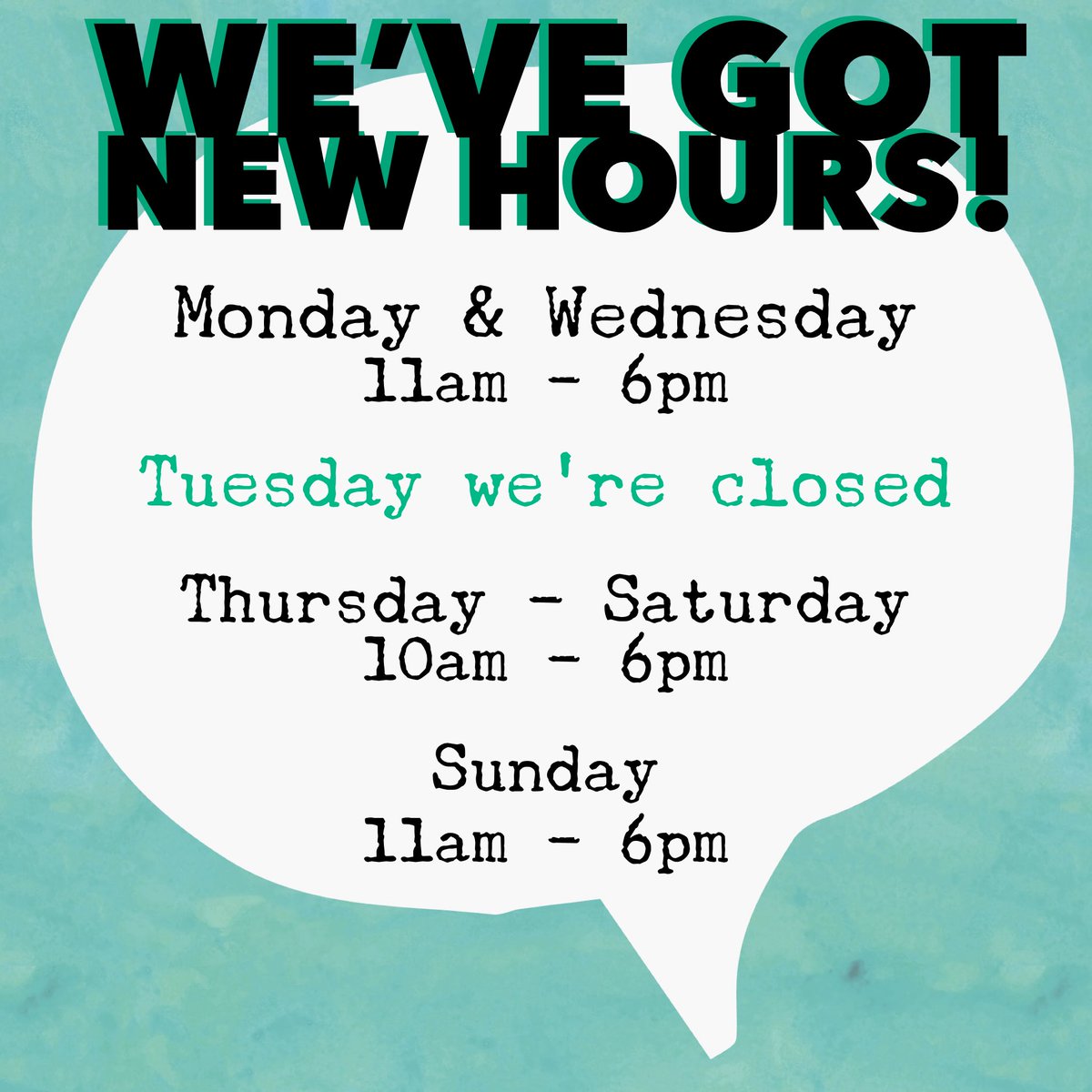 JubileeShop's tweet photo. Just giving you all a heads up on our new hours, Jubilee family! We’re still closed on Tuesday, but we’ve opened up our hours Thursday through Sunday. Thanks again for bearing with us as we learn to navigate the safest paths forward. ♥️ #newhourswhodis https://t.co/NVcgQkaUYI