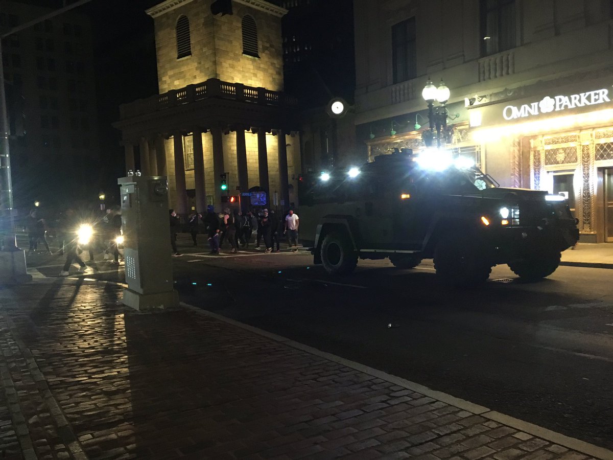 Passed by another busted up SUV by the Omni, and in front of Kings chapel is a military style vehicle.  #BostonProtests