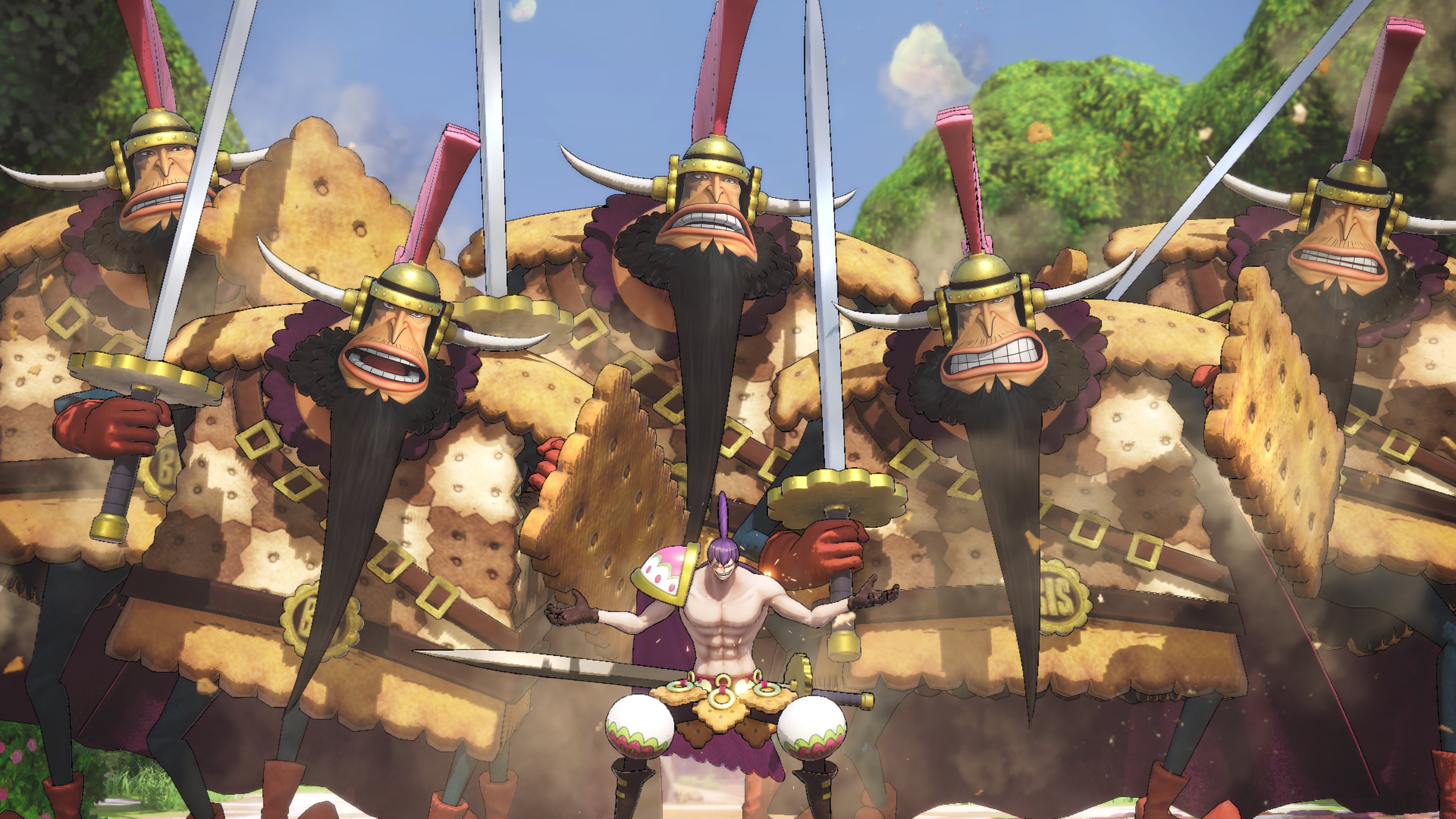 One Piece 家庭用ゲーム公式 今夏配信予定 海賊無双4 Dlcキャラクターパック１の２人目として シャーロット クラッカー 参戦決定 ビスビスの実 の能力者で ビスケット を無限に生み出し操る 華麗な剣技とパワフルなビスケット兵の攻撃で敵を翻弄