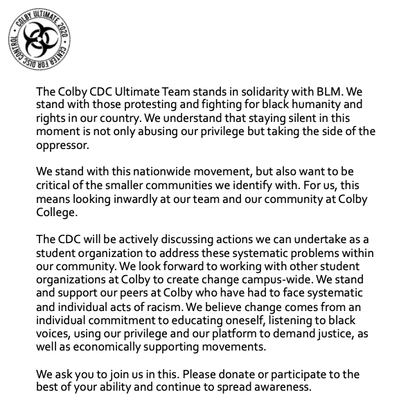 cdc_ultimate's tweet photo. Followers of Colby CDC:

Our team stands with BLM and those protesting and fighting for black humanity and rights. Silence in this moment is not only abusing our privilege, but taking the side of the oppressor. https://t.co/NTP0tzLjYn