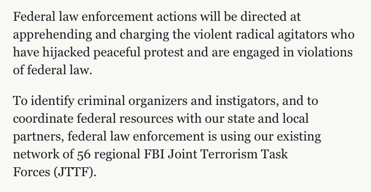 Secondly, it stands to be seen how it’ll actually play out but the DOJ is increasingly going to treat “antifa” as a terror threat which *could* mean enhancements for people arrested at actions. We don’t know. Here’s the statement released today: https://www.justice.gov/opa/pr/attorney-general-william-p-barrs-statement-riots-and-domestic-terrorism