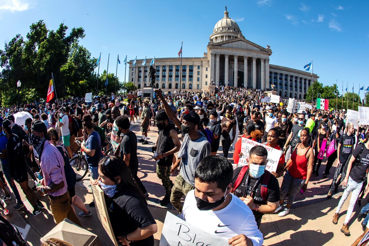 Around 5 p.m., the OK State Capitol was filled with hundreds and hundreds of demonstrators. It easily dwarfed the crowd sizes from protests in OKC last night. There was no police presence. Several protestors took turns giving speeches while others rested in the shade.