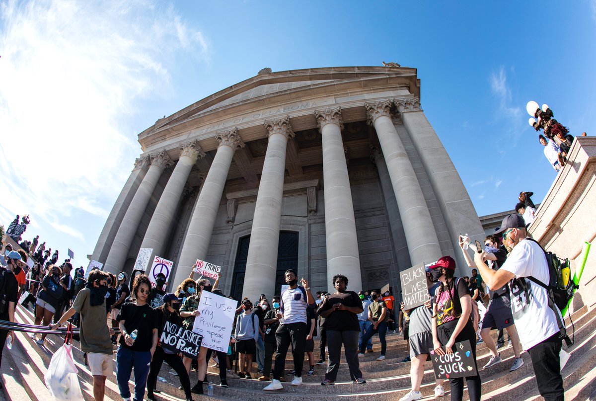 Around 5 p.m., the OK State Capitol was filled with hundreds and hundreds of demonstrators. It easily dwarfed the crowd sizes from protests in OKC last night. There was no police presence. Several protestors took turns giving speeches while others rested in the shade.