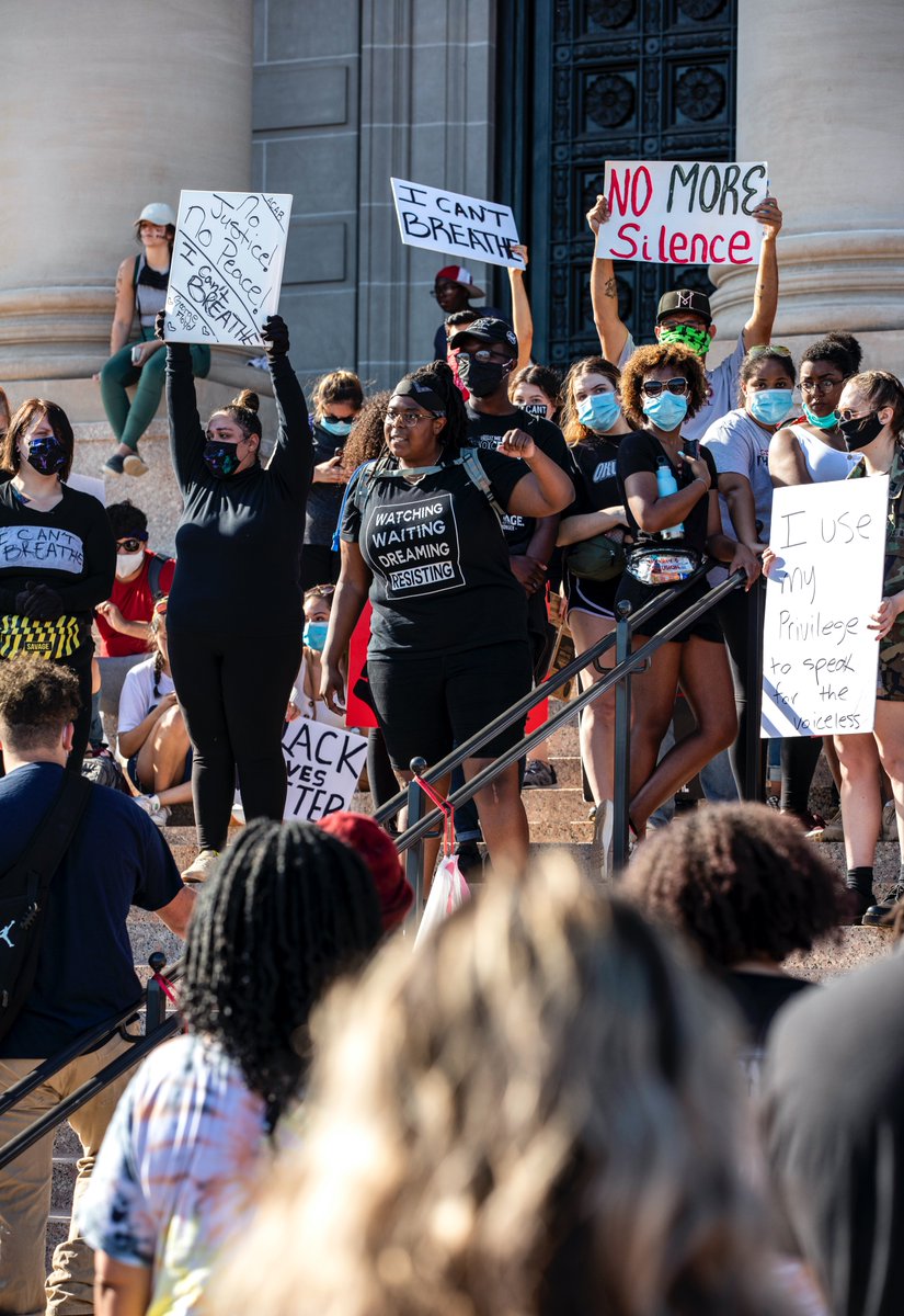 Around 5 p.m., the OK State Capitol was filled with hundreds and hundreds of demonstrators. It easily dwarfed the crowd sizes from protests in OKC last night. There was no police presence. Several protestors took turns giving speeches while others rested in the shade.