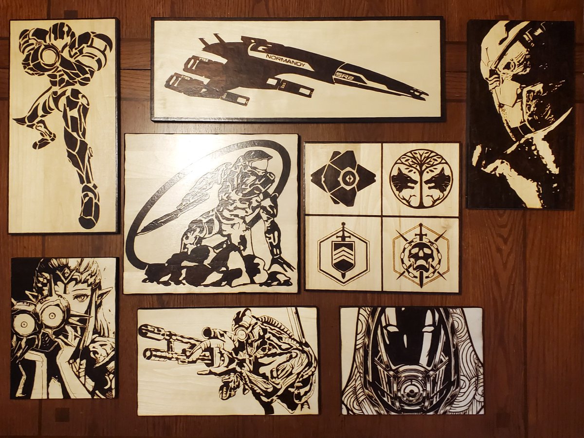 WoodburningTom's tweet photo. Hello internet! My name's Thomas, and I like to burn wood, usually with nerdy designs and templates. If you would want stuff like this on your wall or in your nerd cave, let me know! Commissions are open, just shoot me a DM! You can check out more at https://t.co/tw0lXCEp3p! https://t.co/pePcED26RU