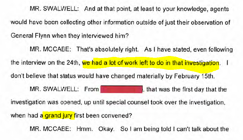 20/ McCabe told Swalwell that FBI "had a lot of work left to do in that investigation" as of Jan 24. Swalwell also asked about when a grand jury had been convened. FBI lawyer Baker stopped McCabe from answering, But interesting question: was there grand jury? About what?