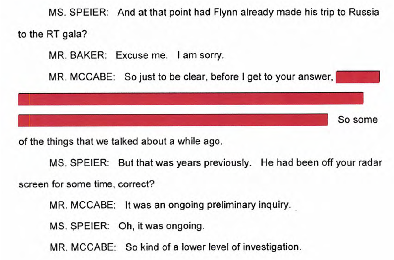 24/ Speier then asked McCabe about Flynn's trip to RT dinner (in 2015). More  #redacted. Rather than agreeing that this had been in past and "off [FBI] radar", McCabe said that RT dinner was still part of an "ongoing preliminary inquiry". Was that prior to Crossfire? What was it