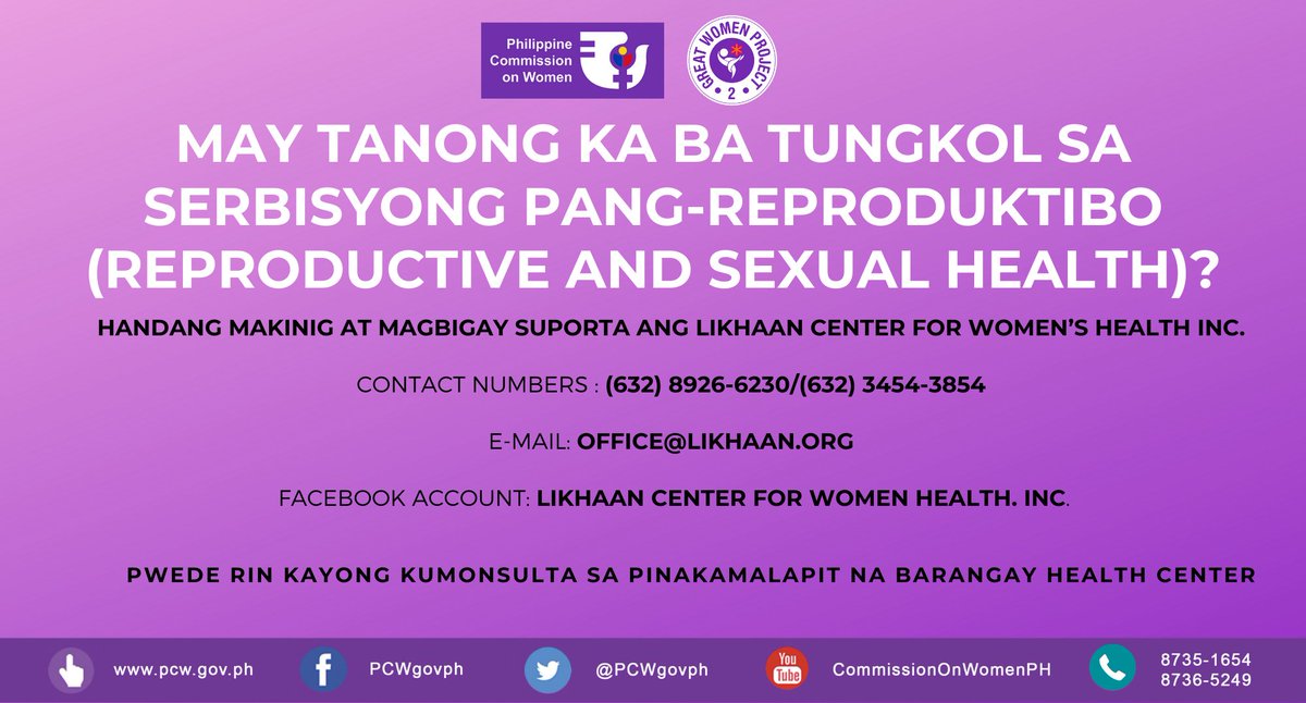 PCWgovph's tweet image. May tanong ka ba tungkol sa serbisyong pang-reproduktibo (Reproductive and Sexual Health)?

Handang making at magbigay suporta ang Likhaan Center for Women’s Health Inc. Narito ang kanilang contact details:

#WEEwillSurvive #WEEcanbeatCOVID19 #WEEcandoit