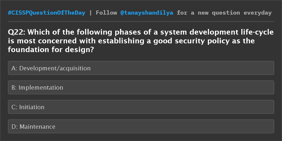 tanayshandilya's tweet image. CISSP Question of the day
#CISSPQuestionOfTheDay #cissp #cisspprep #cisspexam #cisspcertification #datasecurity #dataprivacy #womenintech #comptia #securityplus #crisccertification #isaca #SDLC #scrum #codereview #qualityassurance
