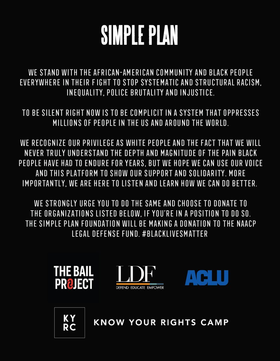 simpleplan's tweet image. We will never truly understand the depth &amp;amp; magnitude of the pain black people have had to endure for years, but we hope we can use our voice and this platform to show our support &amp;amp; solidarity. More importantly, we are here to listen &amp;amp; learn how we can do better. #blacklivesmatter