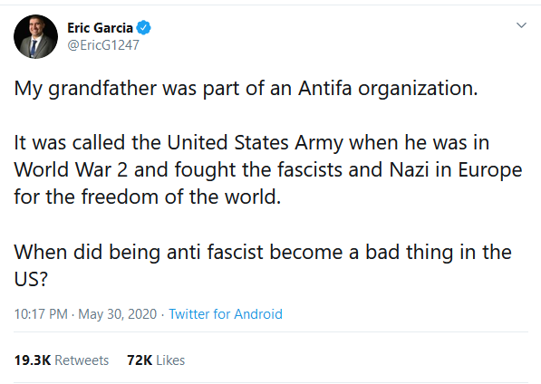 To describe 1940s US/UK as 'antifa' is ahistorical.Until Nazis threatened UK/US imperial and economic power, they did nothing to challenge them other than ask them to stop invading neighbouring (ie white) countries.