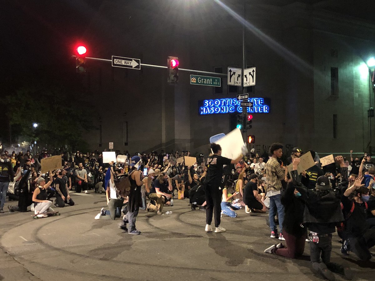 Giant crowd at 14th and Grant, chanting FTP as the same police warning about curfew blares over megaphone for the millionth time. They’re now marching down 14th.