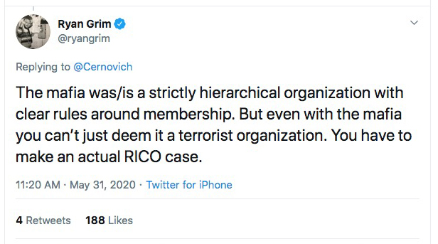 ThreadEverybody laugh at  @ryangrim Like all leftist yappers, he has no factual knowledge, and he doesn't understand that  @realDonaldTrump said ANITIFA, not AMERICAN Antifa, and he didn't say DOMESTIC terrorist organization.