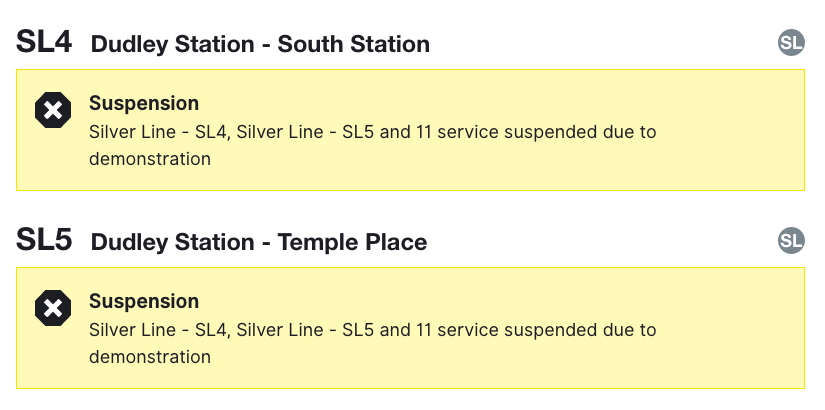 5.  @MBTA has suspended service on these bus routes: SL4, SL5, 11, 43.