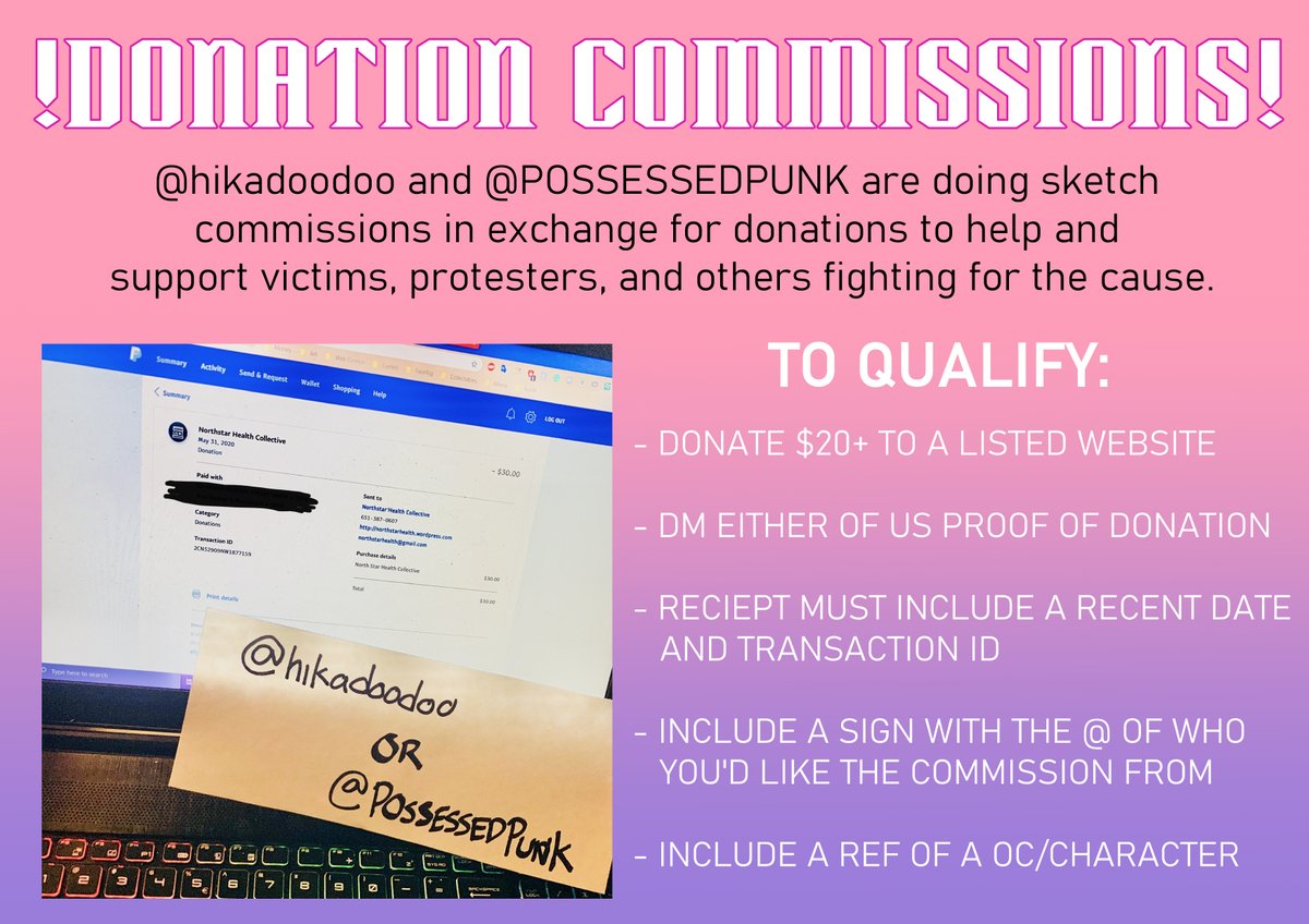 @POSSESSEDPUNK and I are doing donation commissions together! donate to any site listed here: https://t.co/33KJkNT2zl
and follow the instructions on the sheet to commission either of us! #commissions #donations 