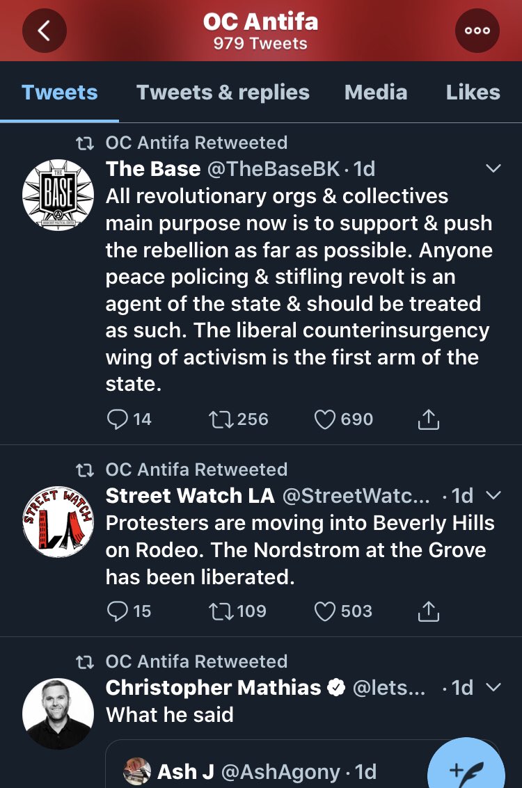 Its purpose of “OC Antifa” has seemingly been to retweet other Antifa accounts, sympathize with their cause, showcase subversion and insurgency techniques, rage against capitalism, and coordinate various rallying events.