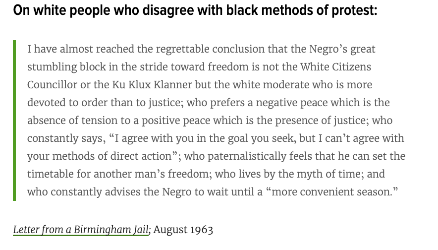 markmedia's tweet photo. To the many who invoke the “reasonable” MLK. This is what he wrote on methods of protest https://t.co/AWRtjzAwX9