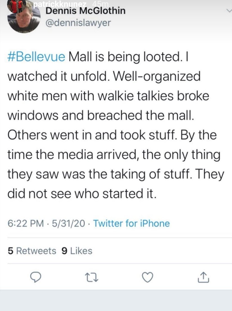 An account stating that white folks went to the mall, broke windows and left before the media showed up.