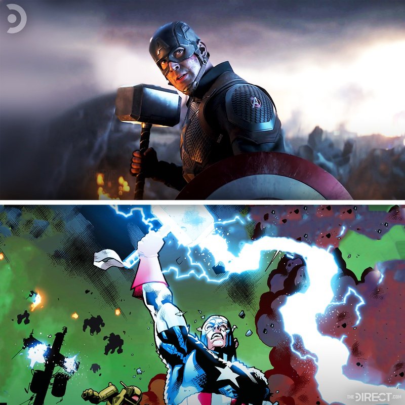 9. Captain America Wields Mjolnir ( Avengers: Endgame )Comics lo Cap chala sarlu Mjolnir nu lift chesadu, earliest record was in The Mighty Thor #390 (1966) comic book.