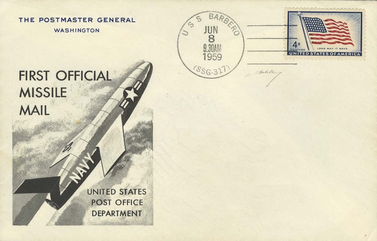 DrPnygard's tweet photo. Today in 1959, 3000 letters streaked through the sky at 600 mph, encased in a guided missile shot from the nuclear submarine #USSBarbero. This newfangled airmail traveled a distance of >100 miles in 22 minutes, but #MissileMail delivery proved cost-prohibitive & didn't catch on. https://t.co/OaLcqwKYrF