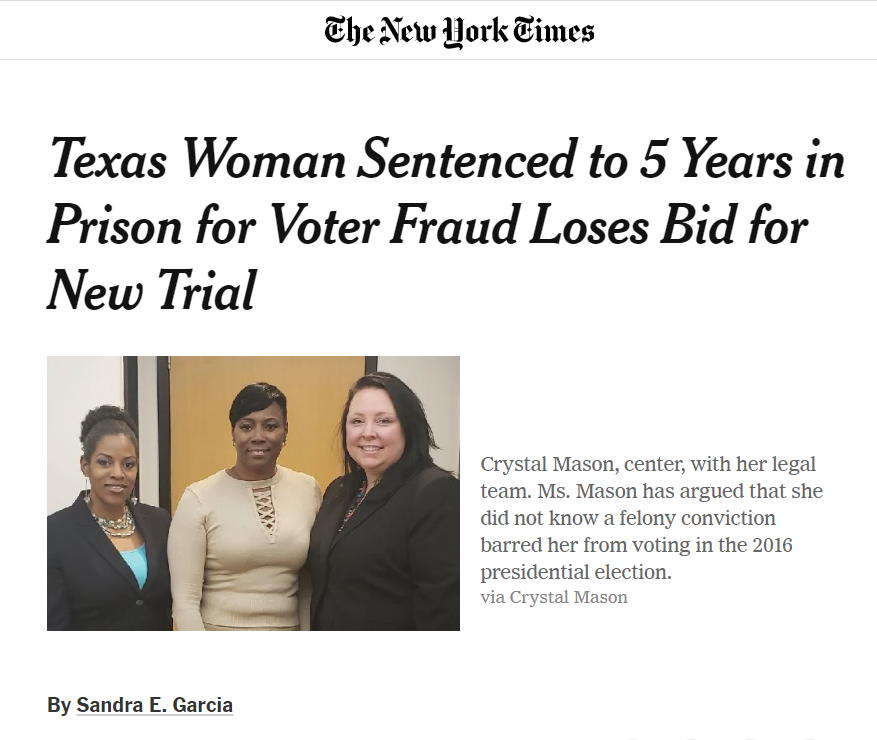 In the USA, justice is not blind, it's racist 

Derek Chauvin, the police officer with long record of violence who murdered #GeorgeFloyd apparently voted illegally in Florida but nothing happened. 

While #CrystalMason, voted, lost her family & was sentenced to five years in jail