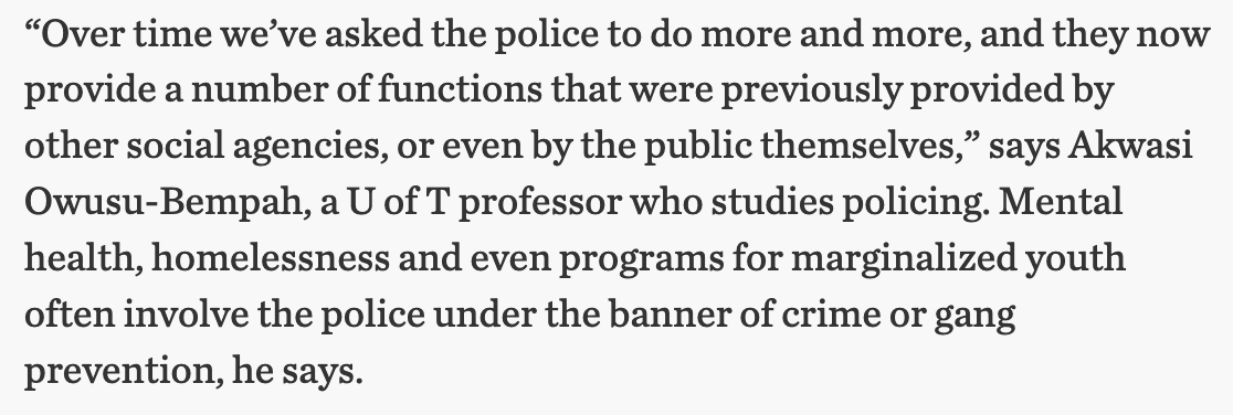 With thoughts from  @AOBempah on how to start thinking about what police reform might look like. The mission creep of police has been expanding exponentially, along with its budget. Downloading in the Mike Harris 90s was part of the cause, here, he says.