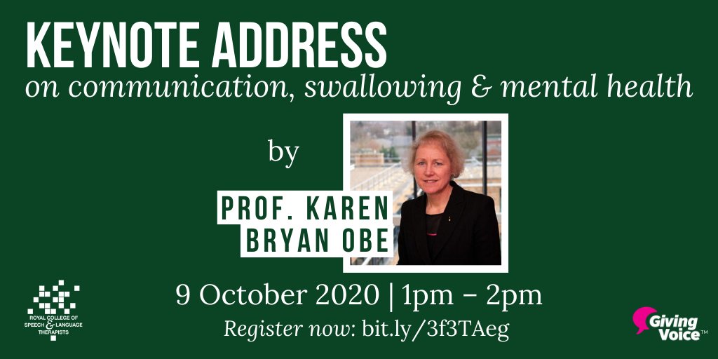 .<a href="/RCSLT/">RCSLT 💙</a> is delighted to announce that to help us mark <a href="/WMHDay/">WorldMentalHealthDay</a> #WorldMentalHealthDay in October @BryanKGreenwich will be giving our first ever online keynote address. Register to hear Karen talk about #mentalhealth &amp; communication &amp; swallowing via this link bit.ly/3f3TAeg