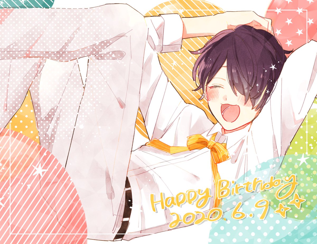 1boy male focus closed eyes happy birthday shirt solo smile  illustration images