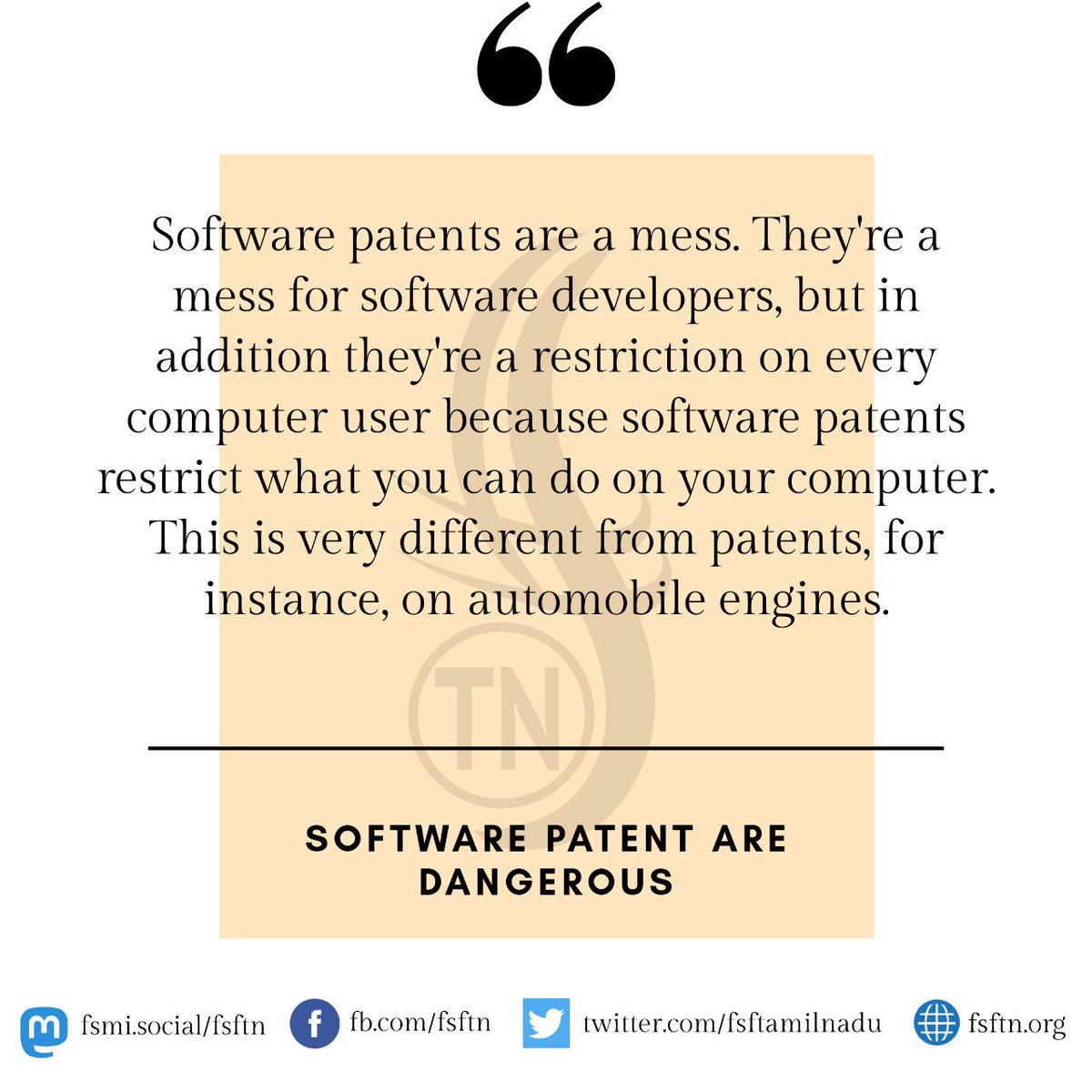 FSFTamilnadu's tweet image. Software patents are a mess. They're a mess for software developers, but in addition they're a restriction on every computer user because software patents restrict what you can do on your computer.
This is very different from patents, for instance, on automobile engines. 

#Fsftn