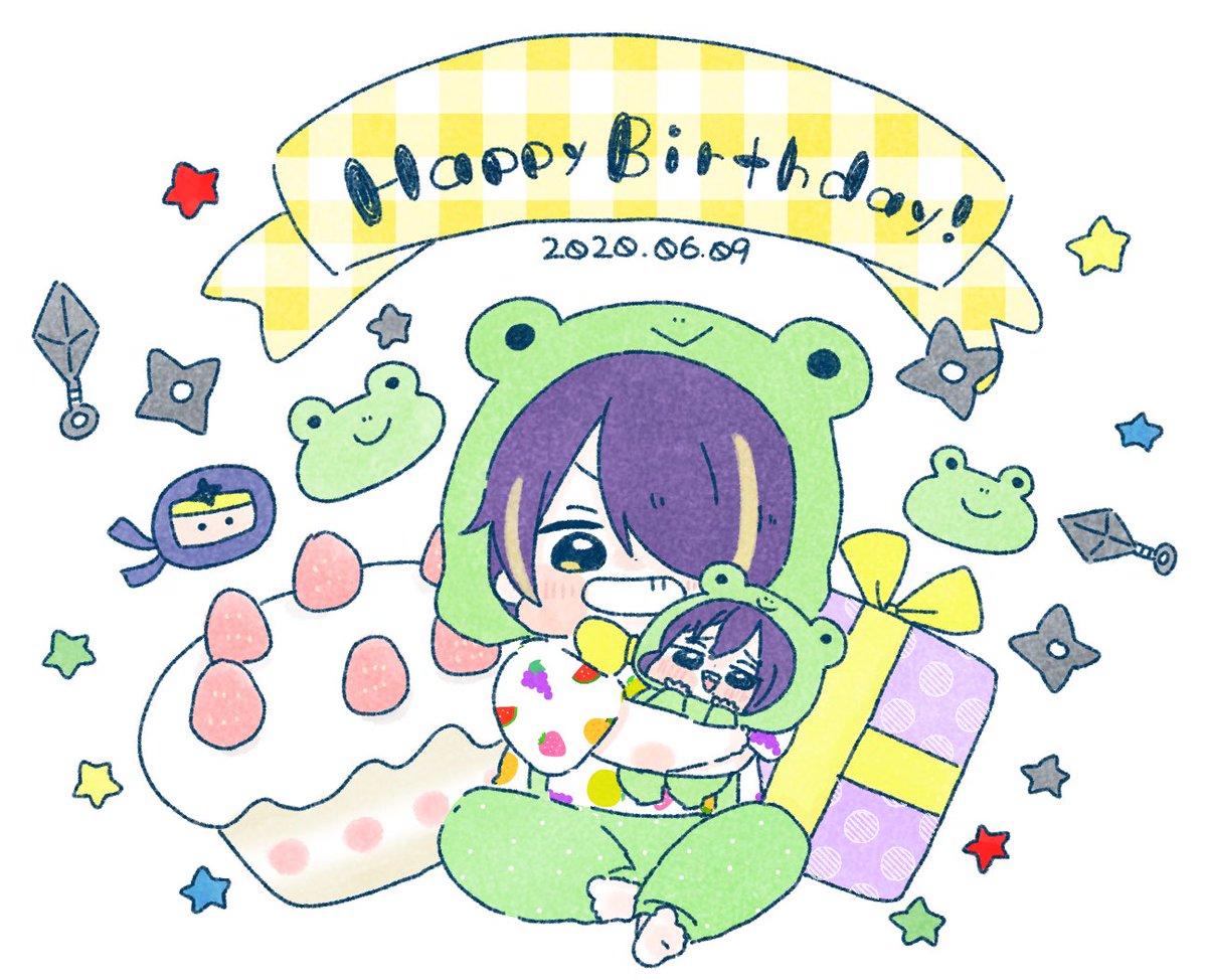 gift happy birthday 1boy hair over one eye purple hair smile male focus  illustration images