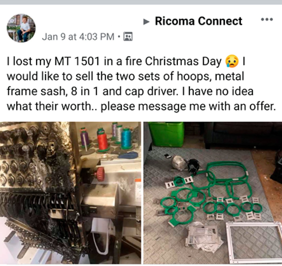 Turned off Ricoma for Christmas 2019 it caught on fire.  Fire Marshal stated it was the machine. #Embroidery #EmbroideryMachine #MachineEmbroidery #Ricoma #RicomaMade #Crafts #Art #Custom #Customize #Bordado #ModernEmbroidery #2020 #Needlework #Needlecraft #Cap #CapEmbroidery