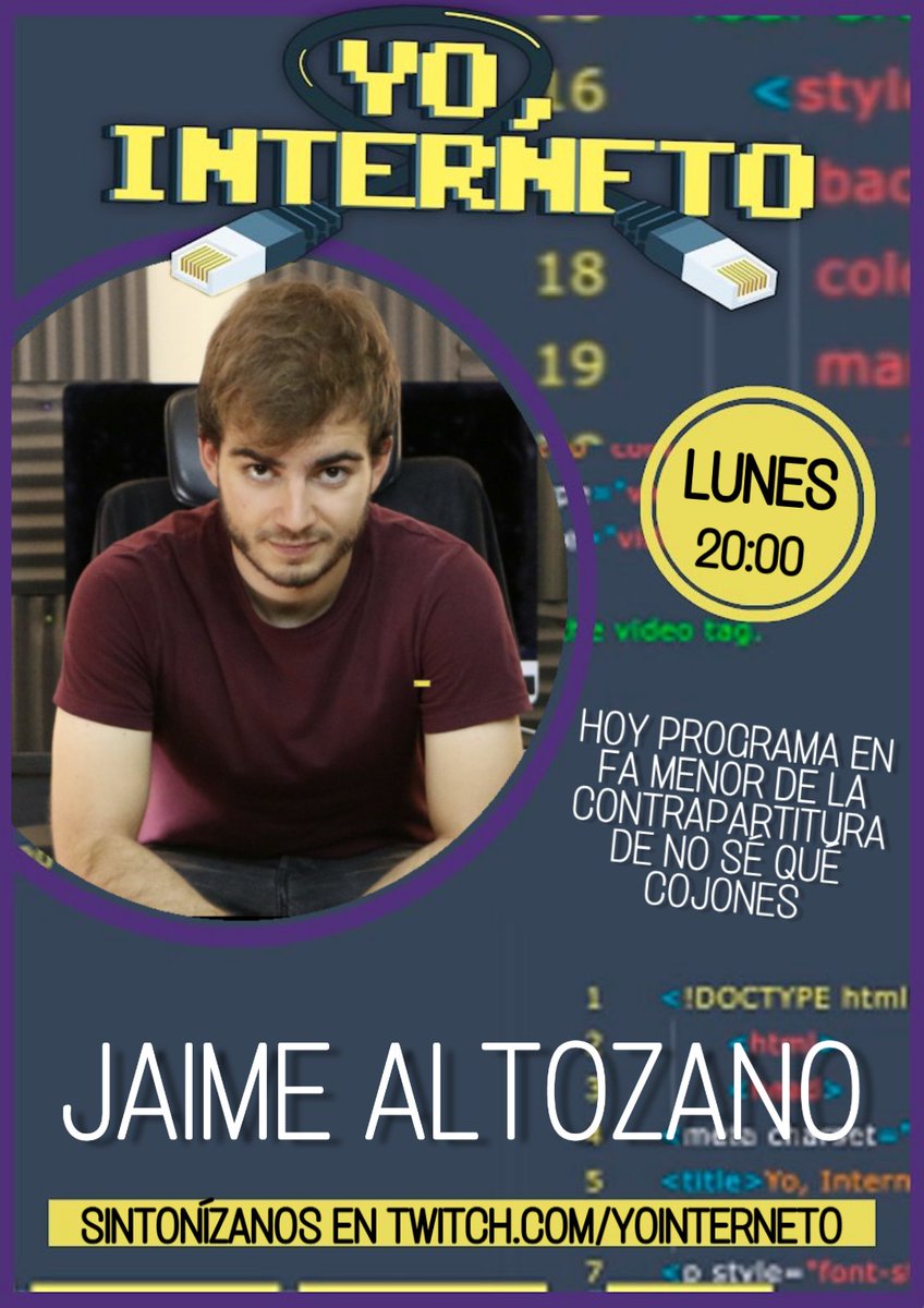 YoInterneto's tweet image. 🎙️Hoy se viene programa de alto nivel de IQ gracias a @jaimealtozano. Nos vemos a las 20:00 en Twitch. 🔌
(Nos debe medio gramo)