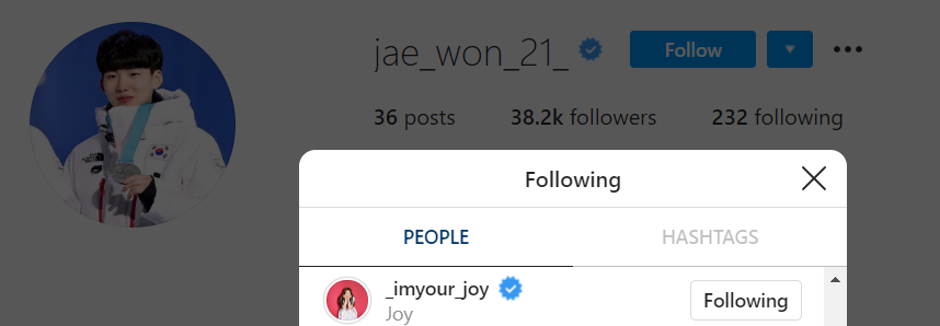 133. Chung Jaewon (speed skater/he won a silver medal in the Olympics) follows Joy on Instagram