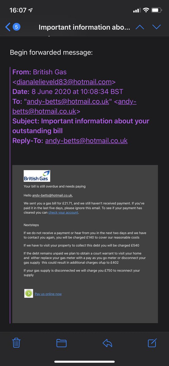 sarahlamberto's tweet photo. @BritishGas  phishing emails sent to your customers seeking payment for unpaid bills. Letting you know so you can stop this! https://t.co/yiNsif0NO9