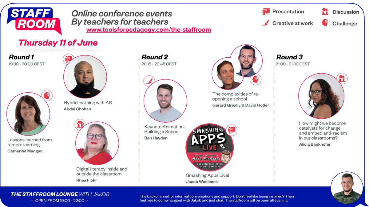 We have a exceptional lineup ready for you.
Participate in this week’s STAFFROOM online conference. 

Sign up and more info 👉 toolsforpedagogy.com/the-staffroom

#AppleEDUchat #AppleTeacher #skolechat #schoolreopening #staffroom #antiracisme #PDonline