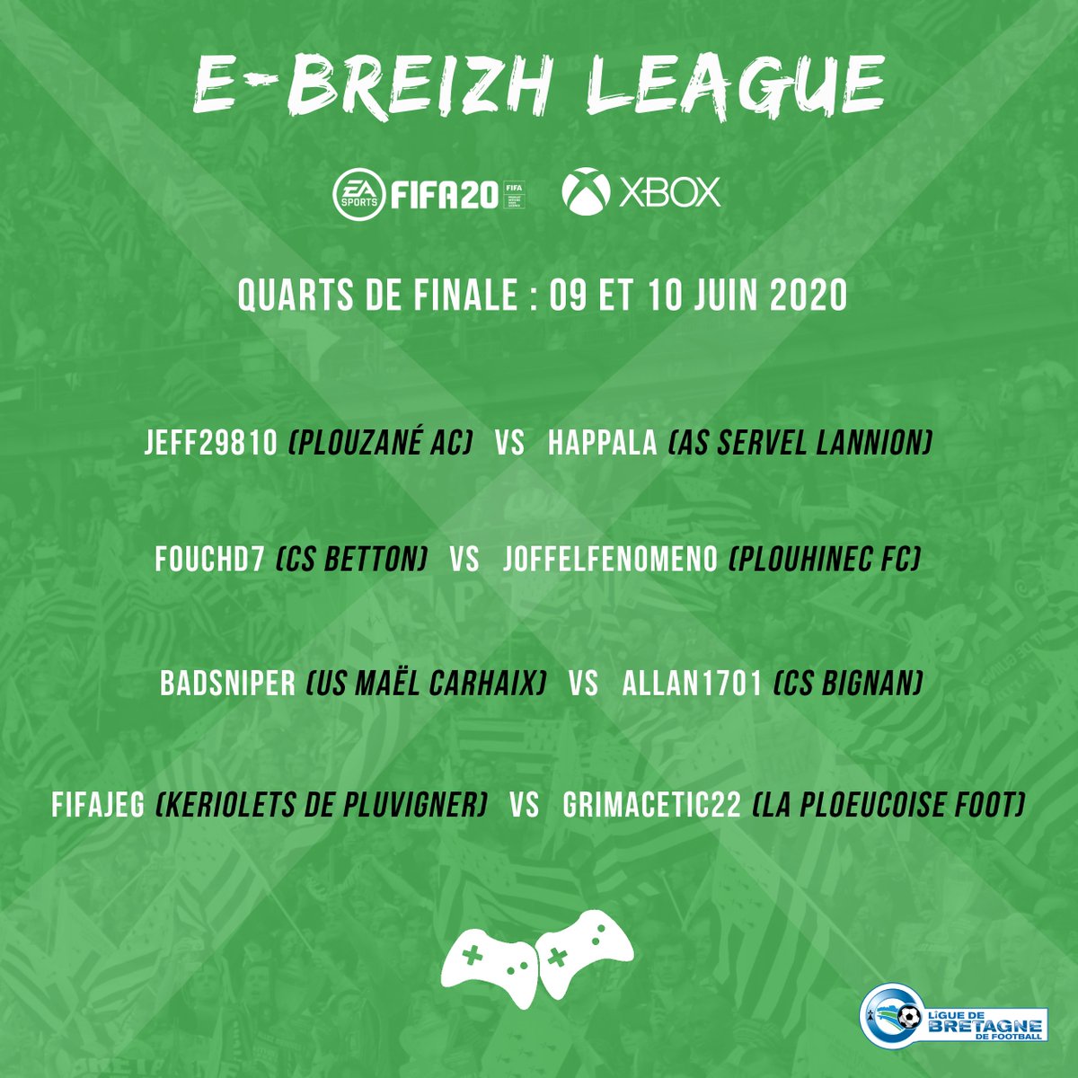 [E-FOOT]
Tournoi XBOX : Les 1/4 de finale sont connus !

Suivez le tournoi : footbretagne.fff.fr/simple/le-brei…

<a href="/PacFoot/">Plouzané AC</a> <a href="/CSBetton_Foot/">C.S. Betton Football</a> @KPluvigner