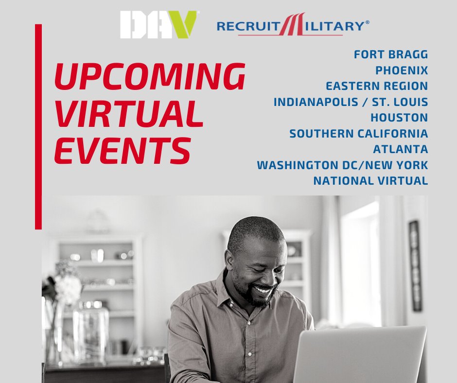Did you hear that RecruitMilitary has shifted all remaining 2020 #hiring events to a virtual setting? View upcoming opportunities and register here → rmvets.com/Events. 

Have questions or need guidance? We want to help.

<a href="/DAVHQ/">Disabled American Veterans (DAV)</a> #jobs #veterans #militaryspouse