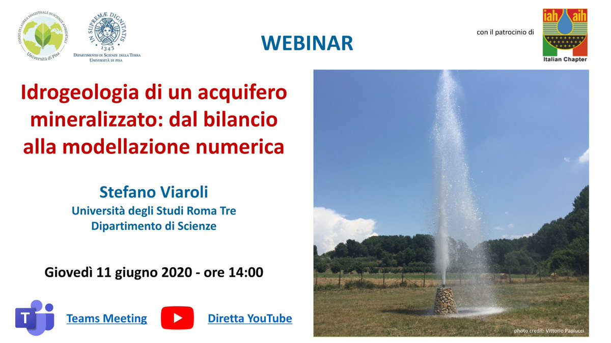 Stefano Viaroli terrà un #webinar <a href="/Unipisa/">Università di Pisa</a> Dip. #ScienzedellaTerra

👨‍🏫 "Idrogeologia di un acquifero mineralizzato: dal bilancio alla modellazione numerica" 

📆 11/06, h. 14.00-15.30

dst.unipi.it/avvisi-seminar…

📌 #YouTube: youtube.com/c/DSTUniversit…

col patrocinio di <a href="/IAHItaly/">IAHItaly</a>