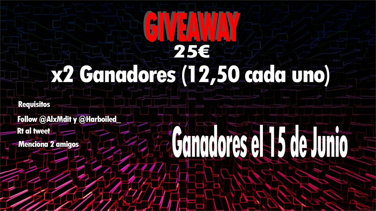 Harboiled_'s tweet image. Sorteo de 25€ en colaboración con @AlxMdit habrá 2 ganadores (12,50€ cada uno), el pago se realizará mediante PayPal; el ganador lo daremos el 15 de junio
Requisitos:
- Follow @Harboiled_ y @AlxMdit 
- Rt al tweet
- Menciona 2 amigos