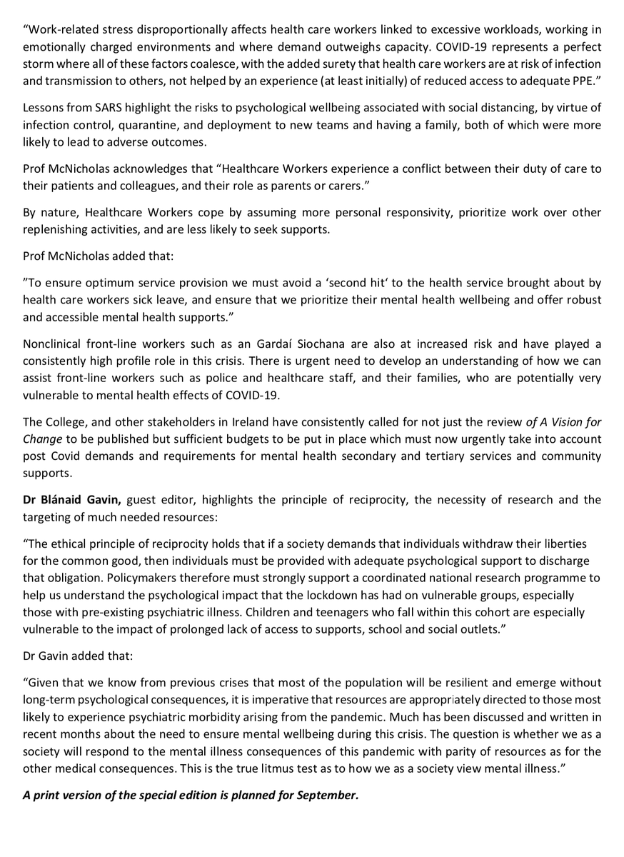 IrishPsychiatry's tweet photo. The College has launched a first of its kind special edition of the @IrishJournPsych dedicated to the Mental Health impacts of COVID-19, with fascinating insights from Ireland and Internationally. Read more below or see the open access #COVIDissue in full:
https://t.co/cbDqu03jgd https://t.co/H8uHz02T2A