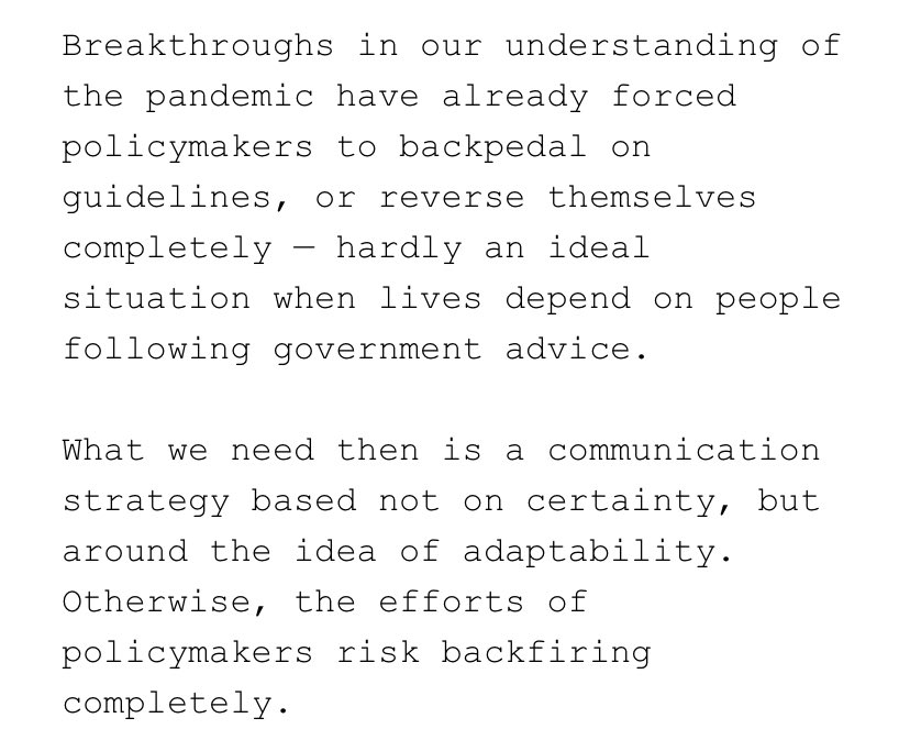 More advice about handling scientific advice: communicate and apply adaptability. Which also means favouring options that keep other options open, not options that trigger path dependence  https://www.politico.eu/article/coronavirus-scientists-keep-it-simple/