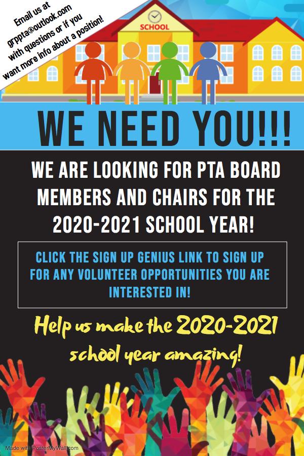 grp_pta's tweet photo. WE NEED YOU!!!  We are looking for parents who would like to join the PTA Board or chair an event for the 2020-2021 school year! Since we can't collect the forms we previously sent home, please use this link to sign up:
https://t.co/ZMLy6dQM8u https://t.co/vHrJMWWxK6