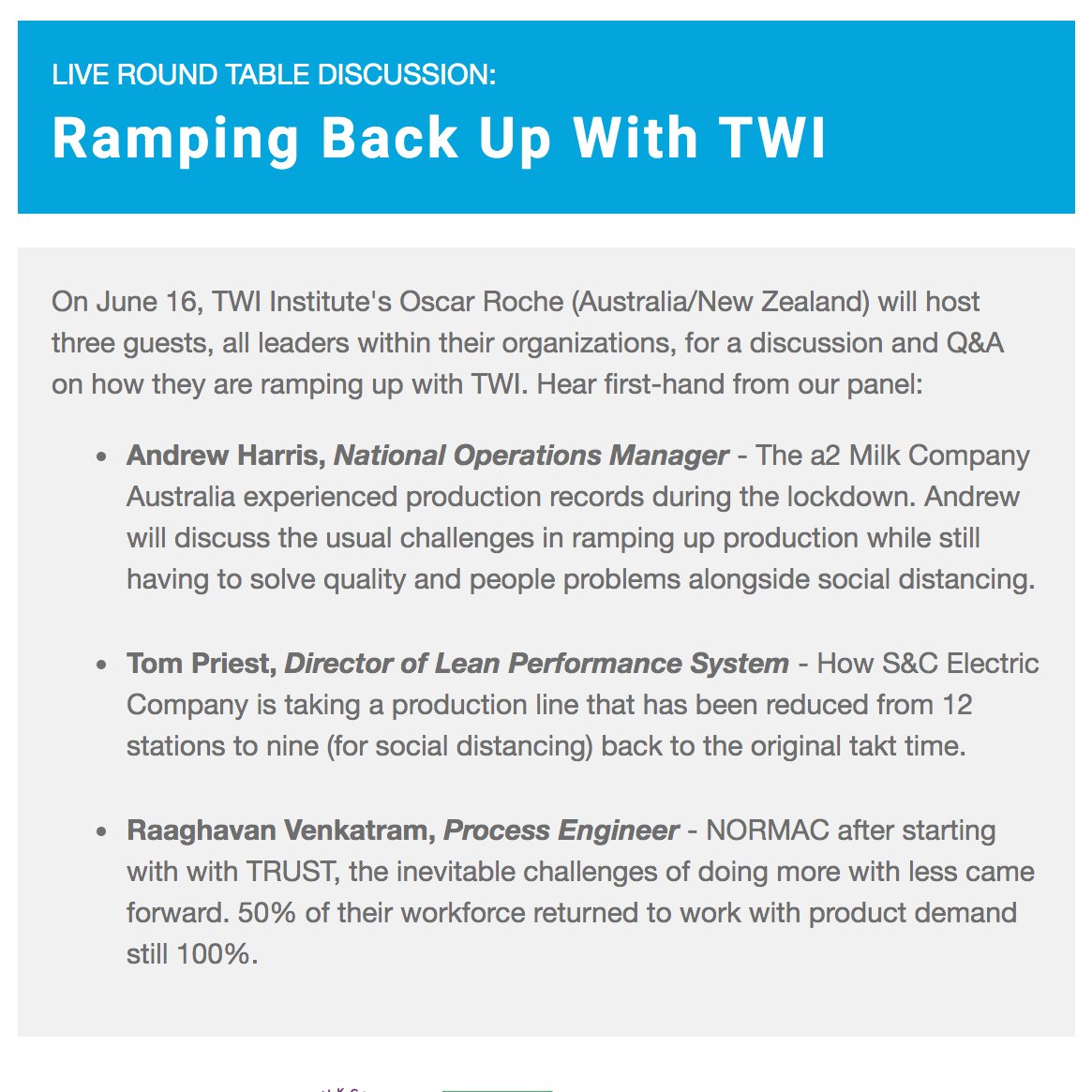 Get the straight scoop on Post-COVID start up from our Oscar Roche and three true experts on how they're using #twi regain momentum and revenue in this live, round table discussion. Knowing the crew it will be lively and insightful. Register: lnkd.in/d6G4tY3